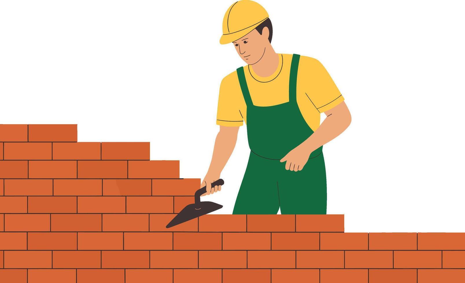 Construction worker building brick wall with trowel illustration vector