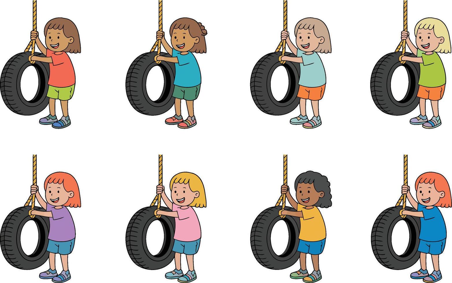 Cartoon girls playing on tire swings diversity representation illustration vector