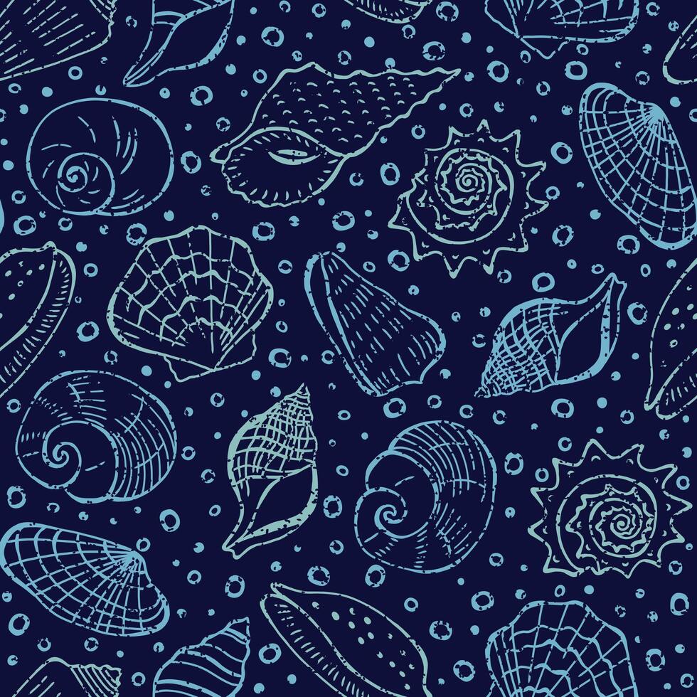 Shells seamless pattern. Hand drawn seashells on blue background with scratchs vector