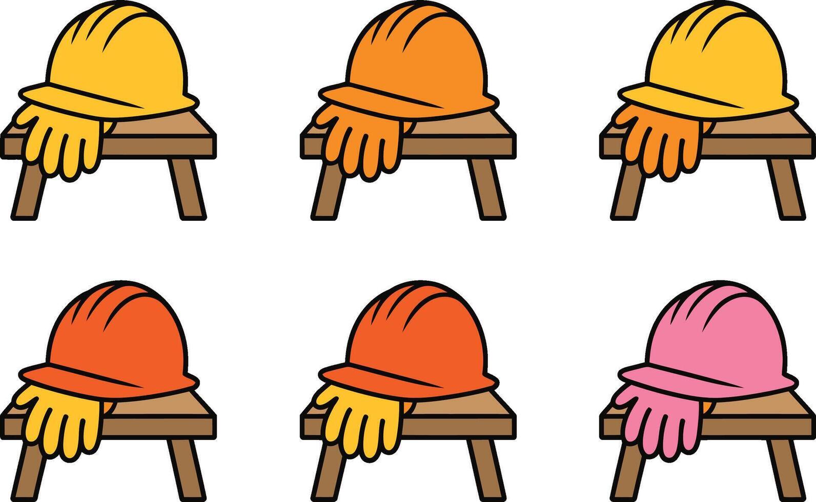 Cartoon construction worker helmets and gloves on stools illustration vector