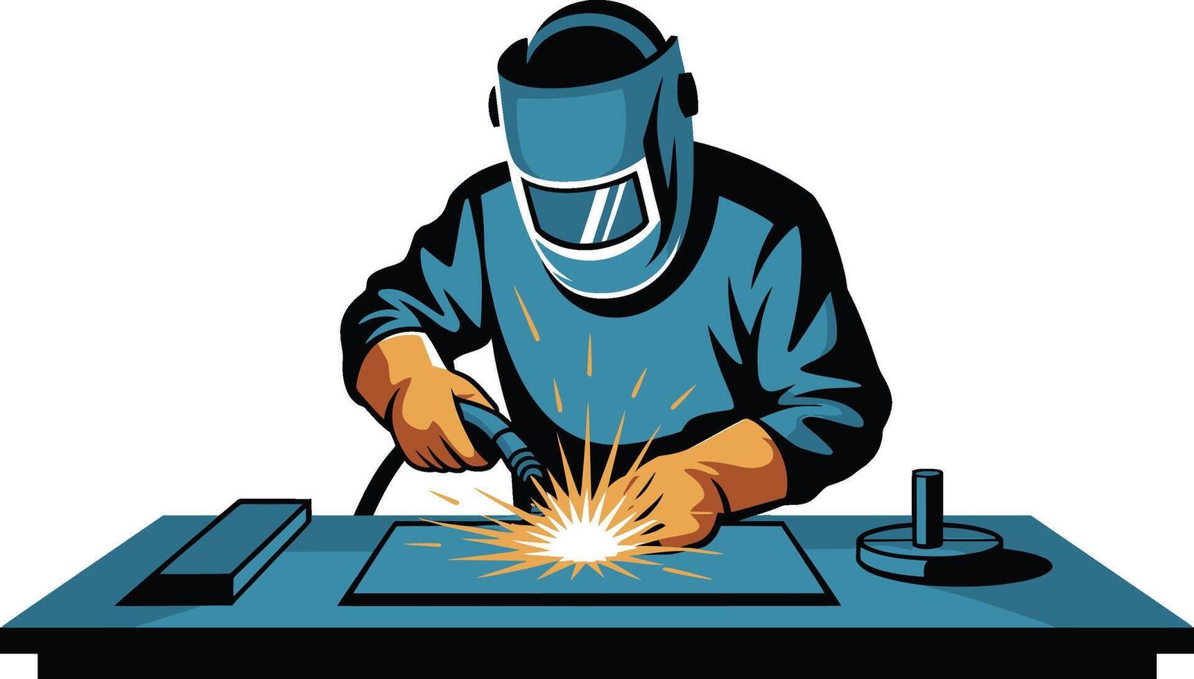 Cartoon welder working with protective mask and gloves sparks flying metalwork illustration vector