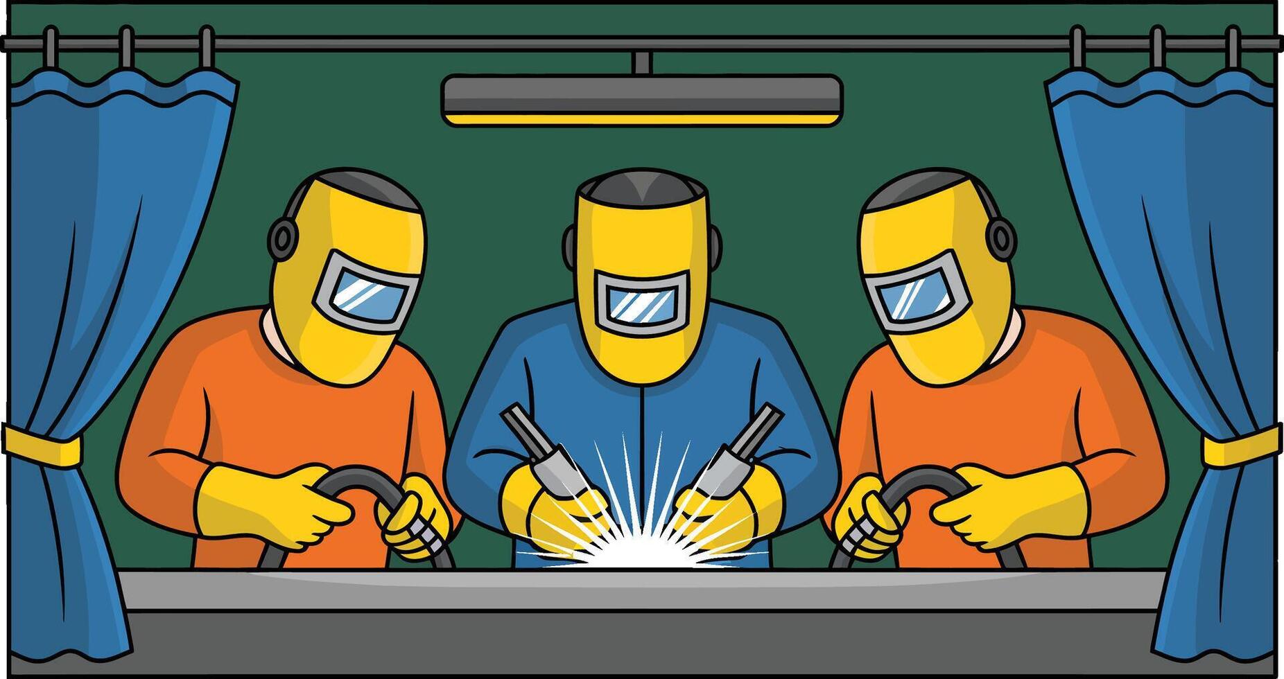 Cartoon illustration of three welders welding metal in a workshop booth vector