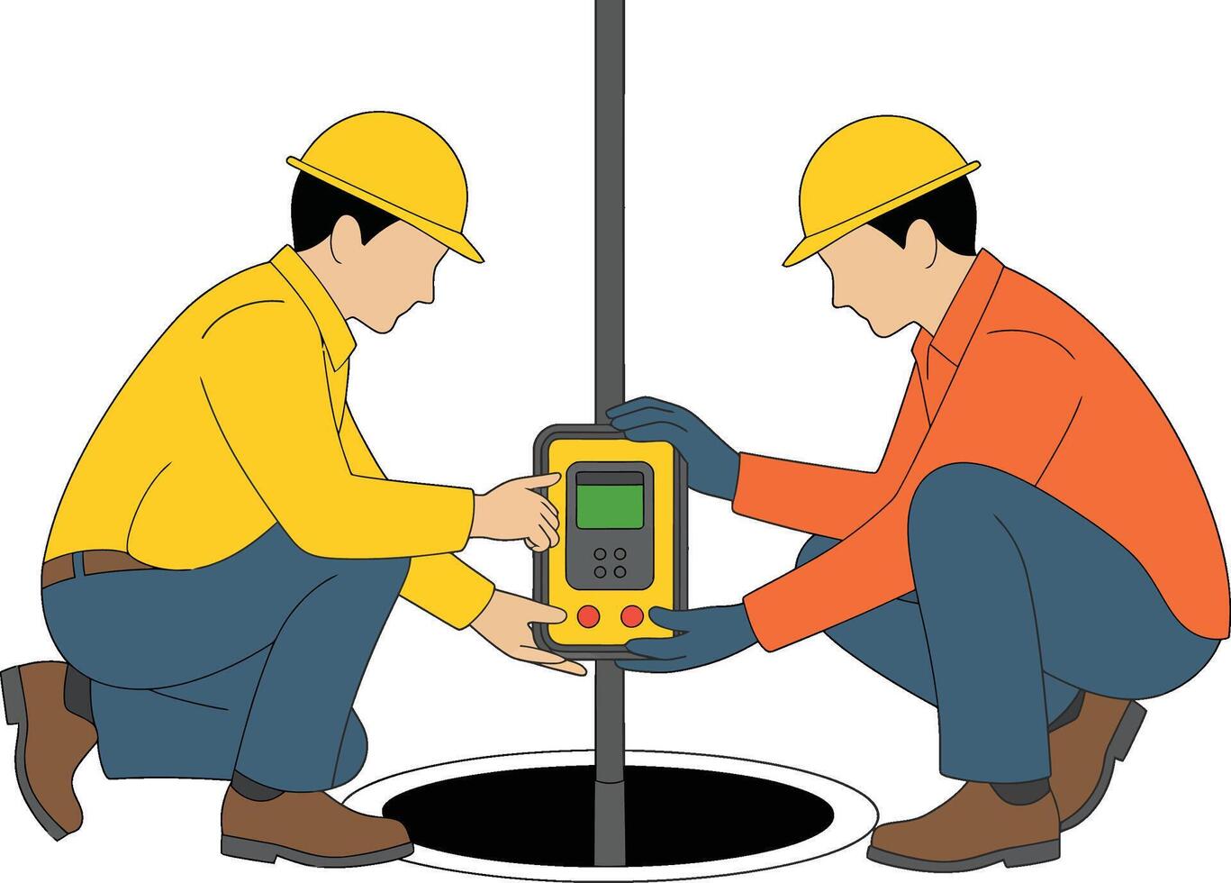 Two workers measuring gas levels in manhole with safety equipment vector