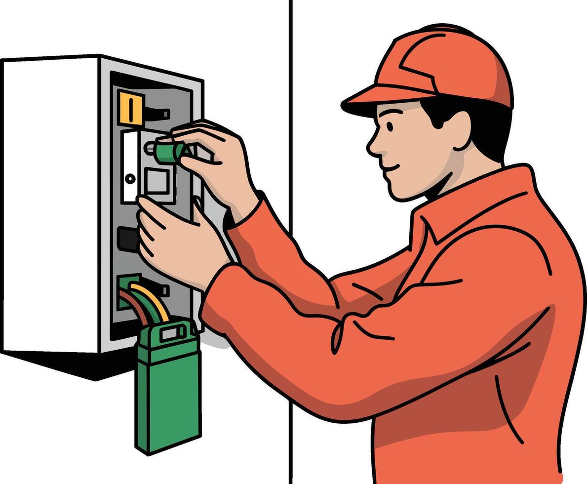 Electrician installing fuse box components in industrial setting illustration vector