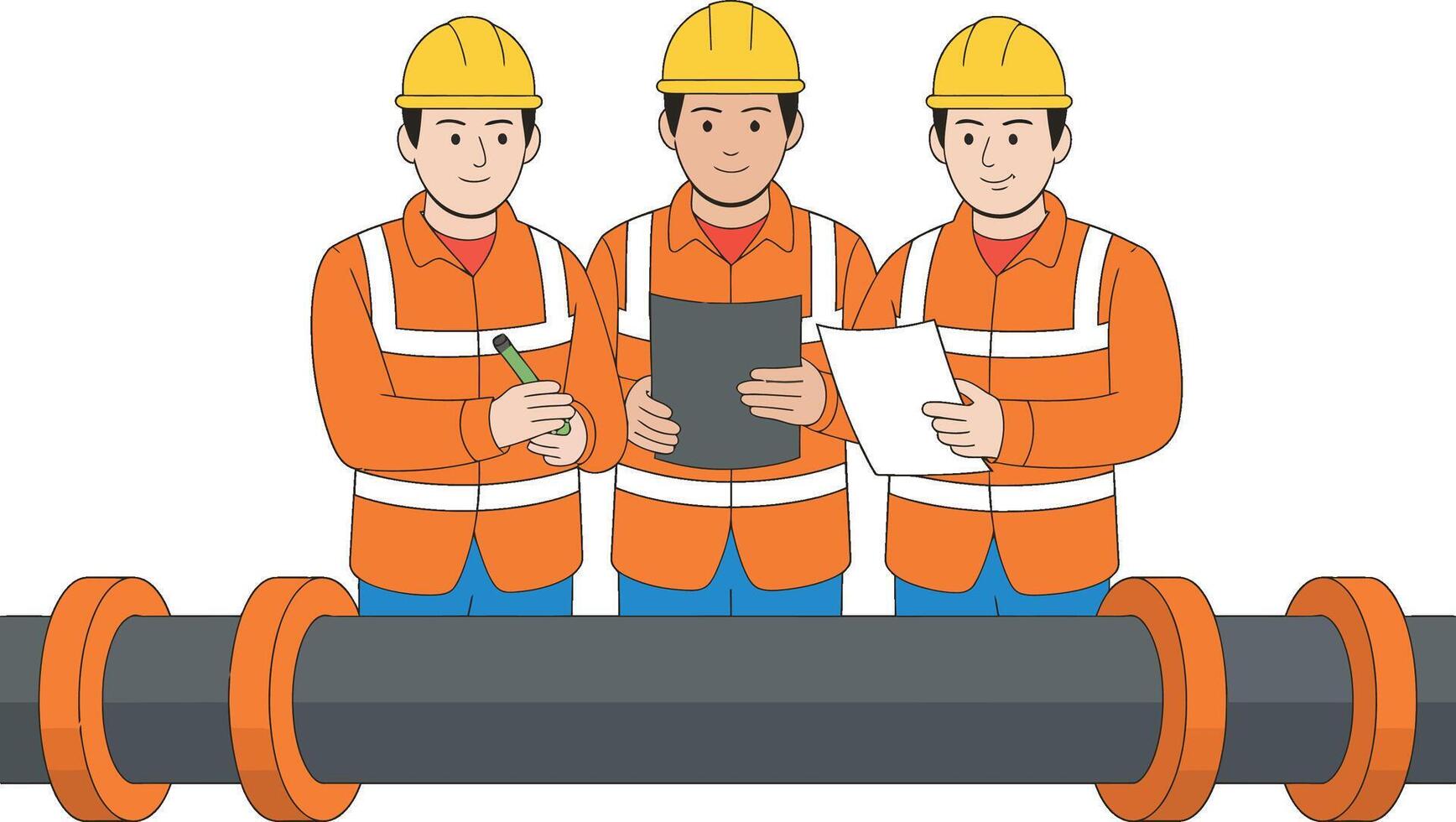 Three industrial workers inspecting pipeline in safety gear cartoon illustration vector