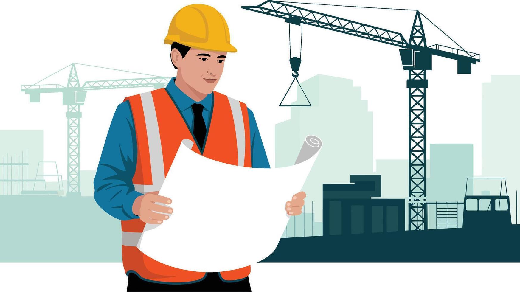 Construction worker reviewing blueprints at a building site with cranes vector