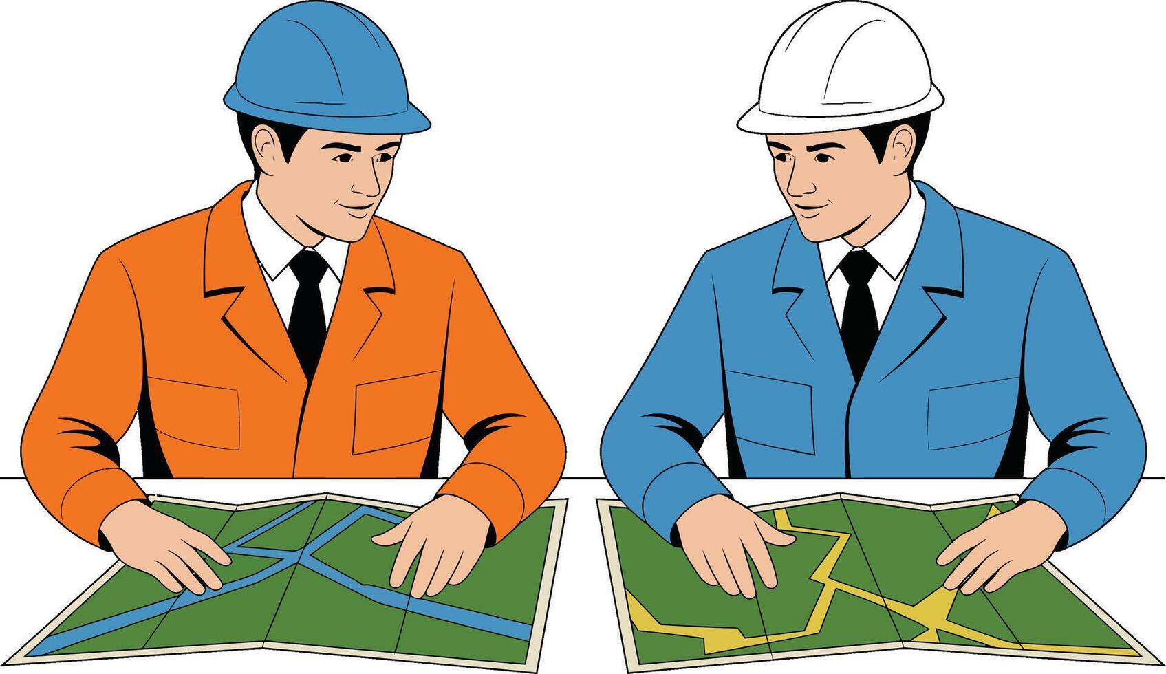 Two engineers examining site plan designs wearing hard hats and work suits vector
