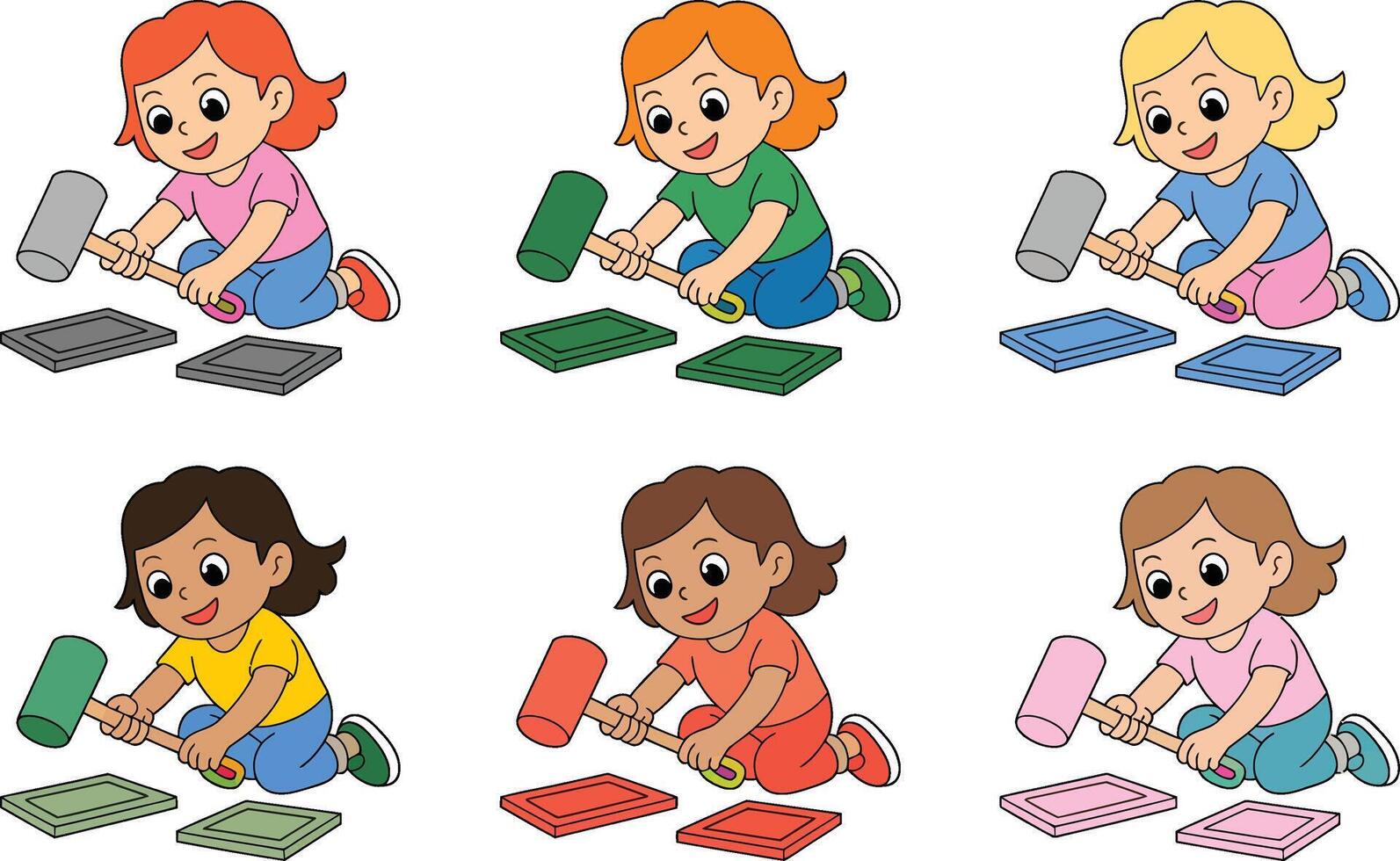 Cartoon girls tiling floor with mallet construction project diversity handyman kids vector
