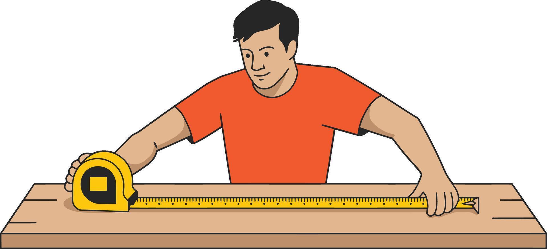Cartoon man measuring wood plank with tape measure illustration vector