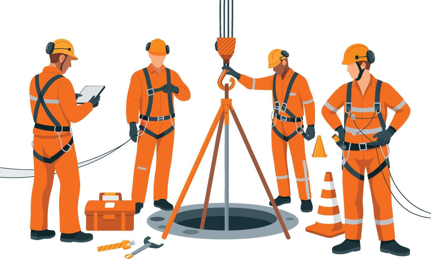 Construction workers in safety gear preparing to enter manhole with tripod vector