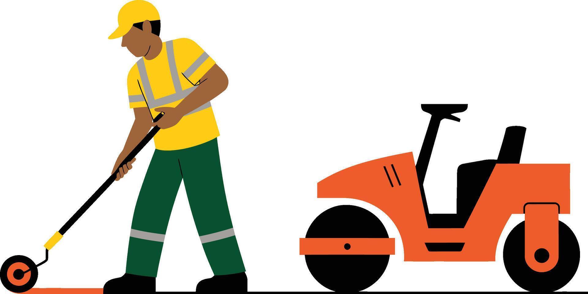 Road construction worker painting line with roller and steamroller illustration vector