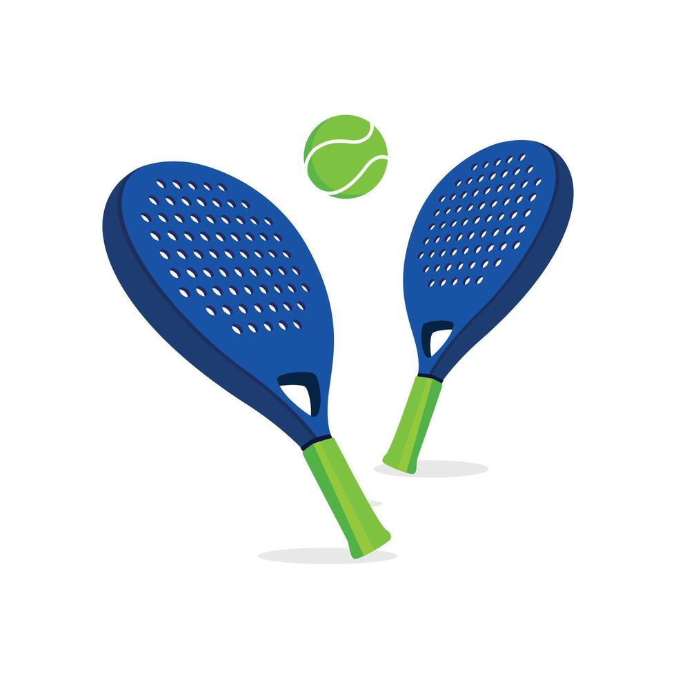 Blue padel rackets and green balls in flat style on a white background. Ideal for sport, fitness, and UI. vector