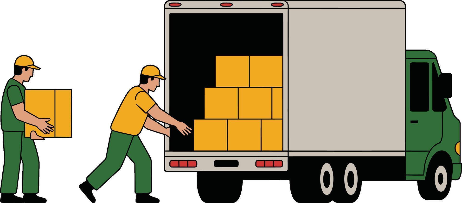 Two delivery men unloading and carrying cardboard boxes from a delivery truck vector