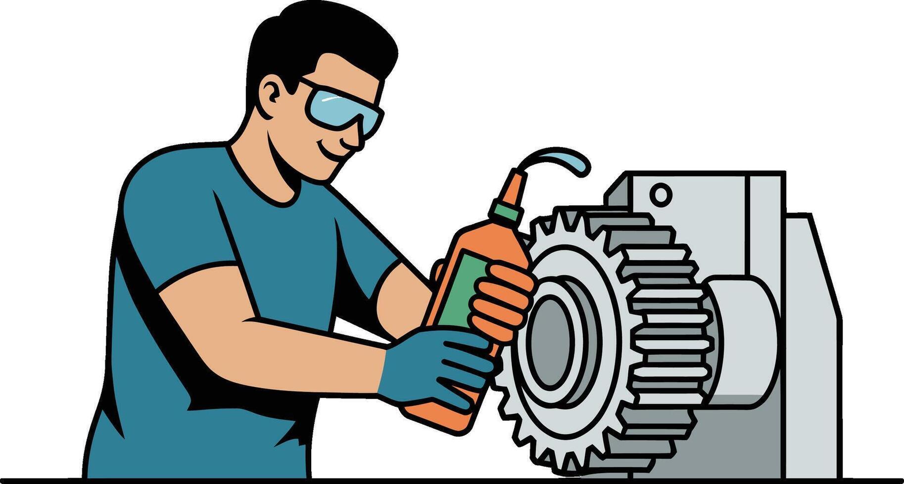 Cartoon mechanic lubricating industrial machine gears with oil for smooth operation vector