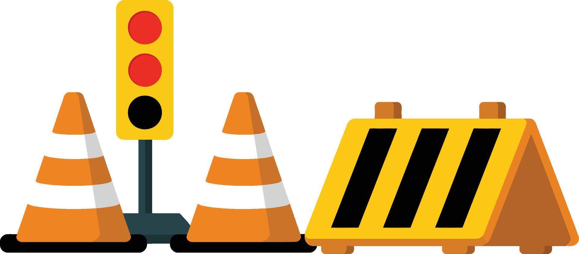 Road construction sign traffic light and cones flat illustration vector