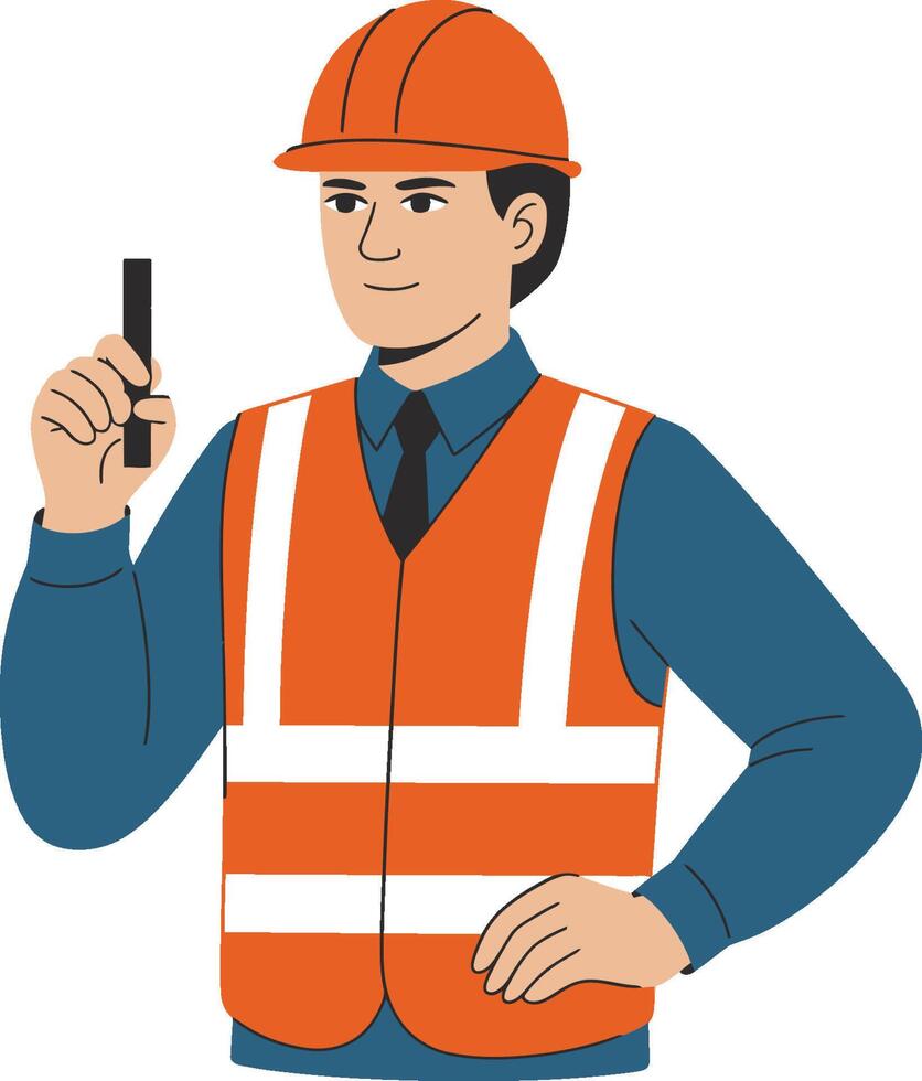 Construction worker holding ruler wearing hard hat and reflective vest illustration vector