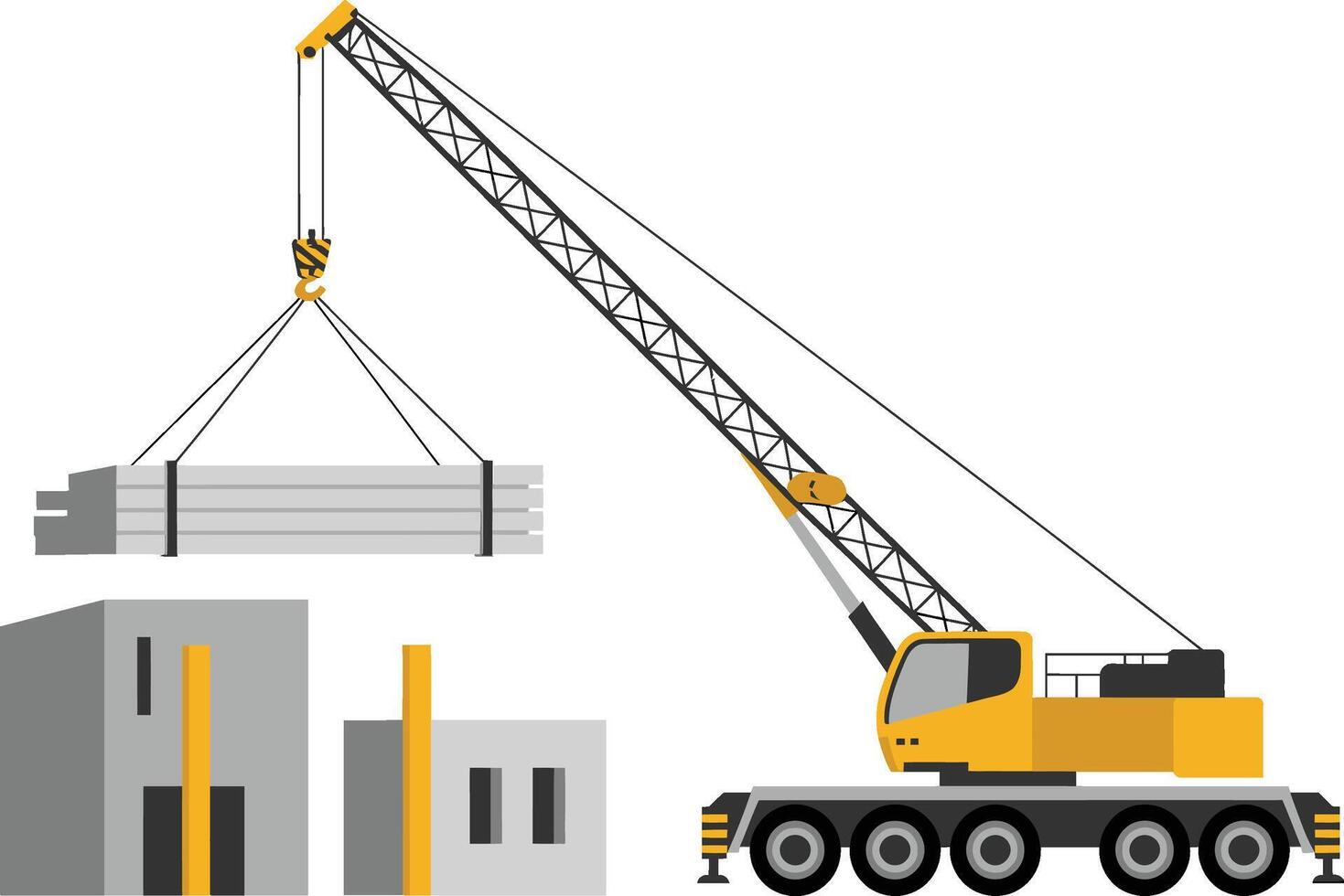 Construction crane lifting concrete blocks for building development on a white background vector