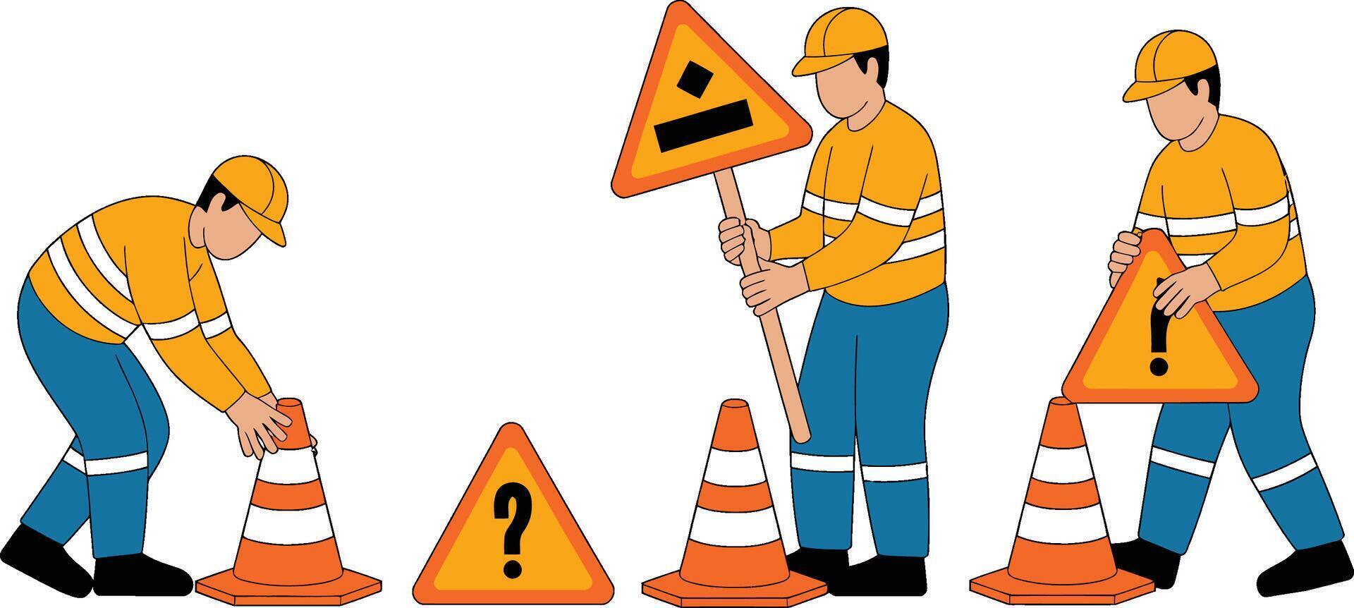 Road construction crew with traffic cones and warning signs illustration vector