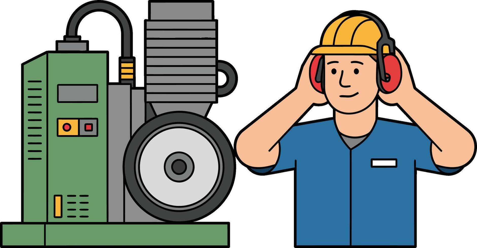Factory worker wearing safety gear next to industrial machinery illustration style vector