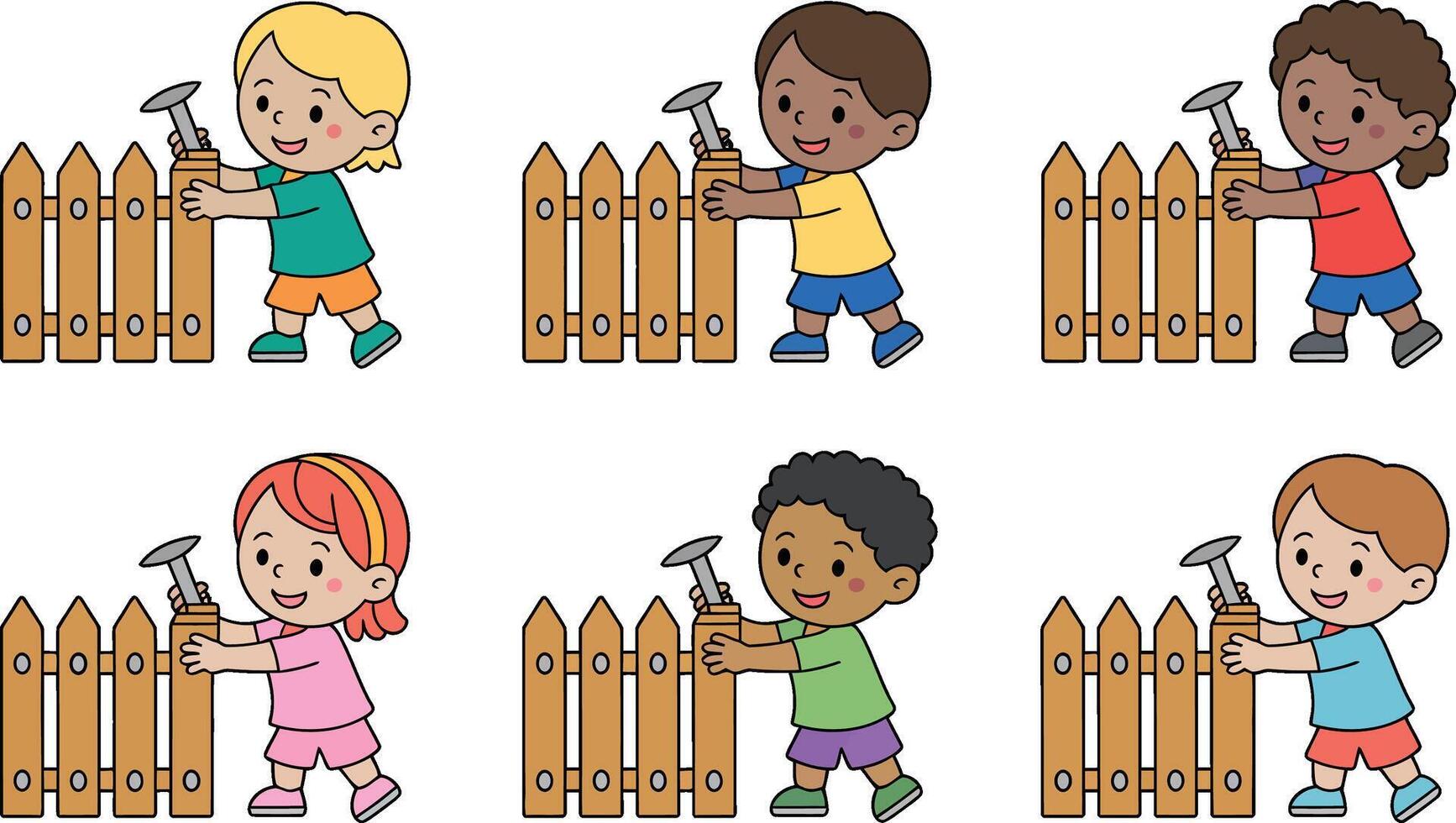 Cartoon kids building fence with nail and hammer diverse children illustration vector