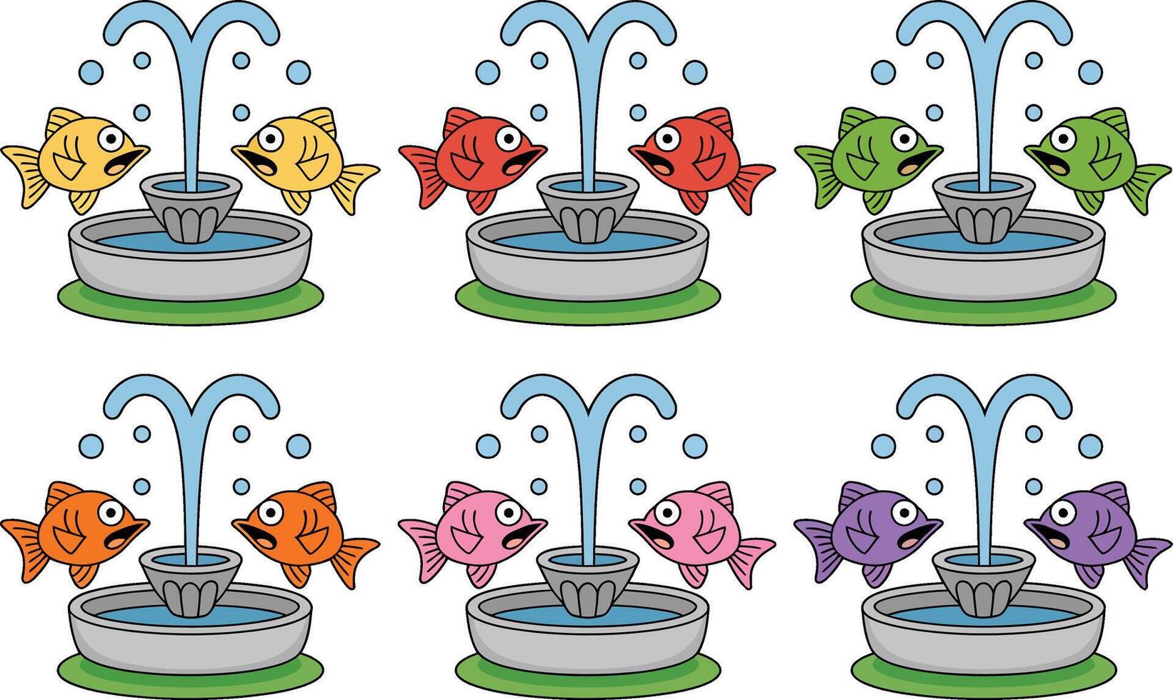 Cartoon fountain with surprised fish in multiple colors seamless repeating pattern vector
