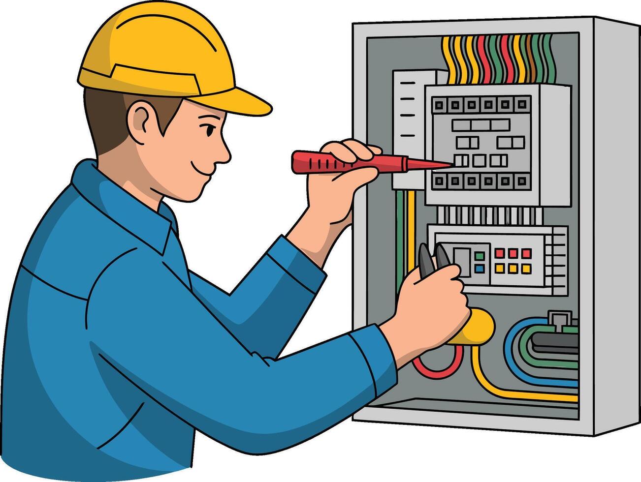 Cartoon electrician inspecting electrical panel with tester and pliers equipment vector