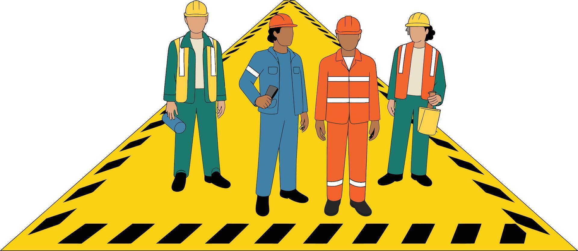 Team of construction workers standing on a hazard triangle in safety attire vector
