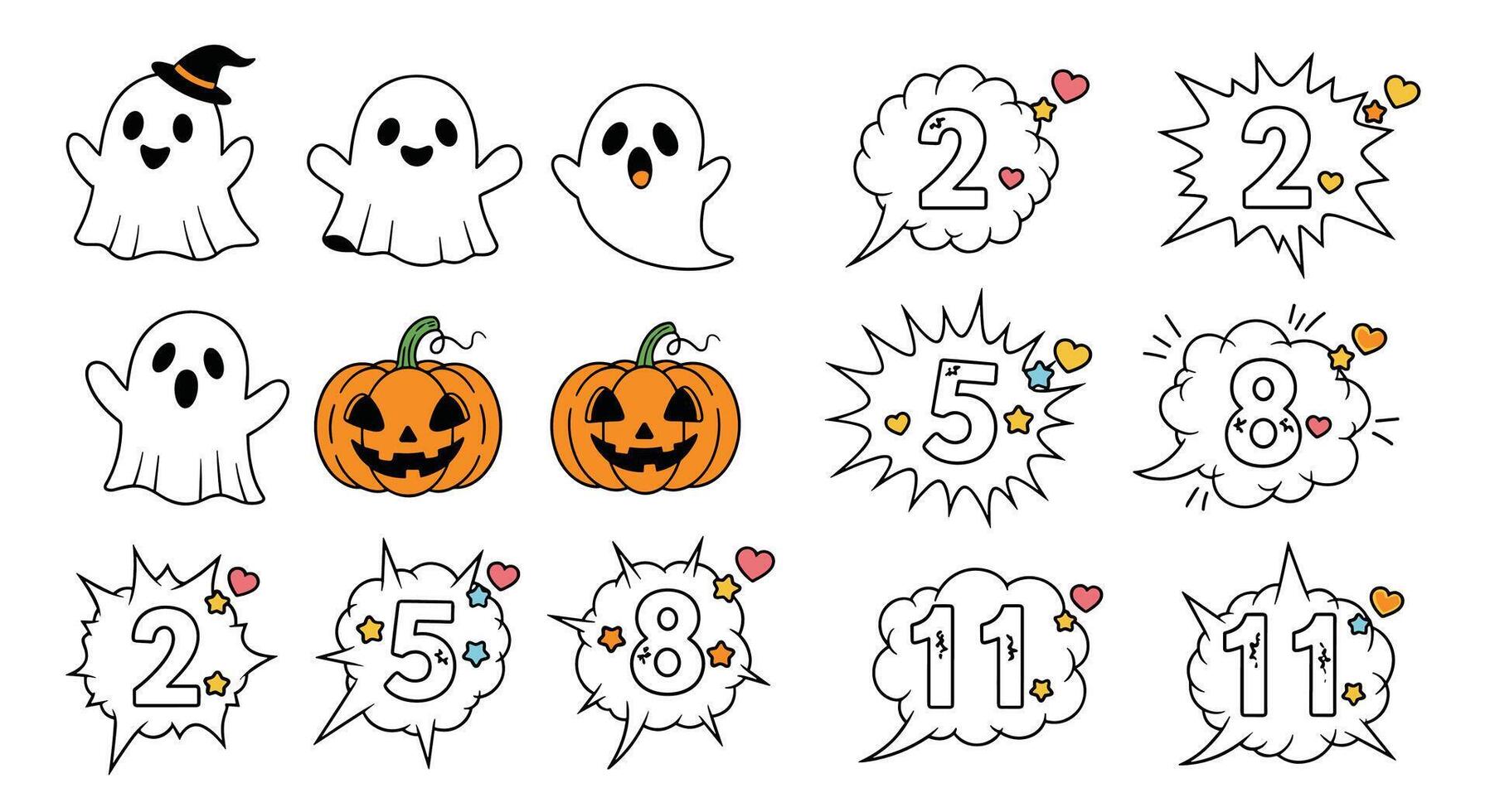 Halloween Spooky Season A Collection of Ghosts Pumpkins and Numbers in Cartoon Style vector