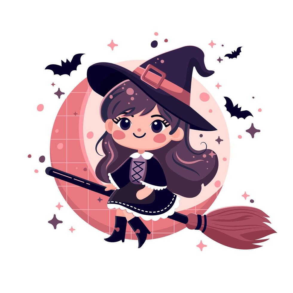 cute little witch flying on the broom against the background on the moon. digital illustration vector