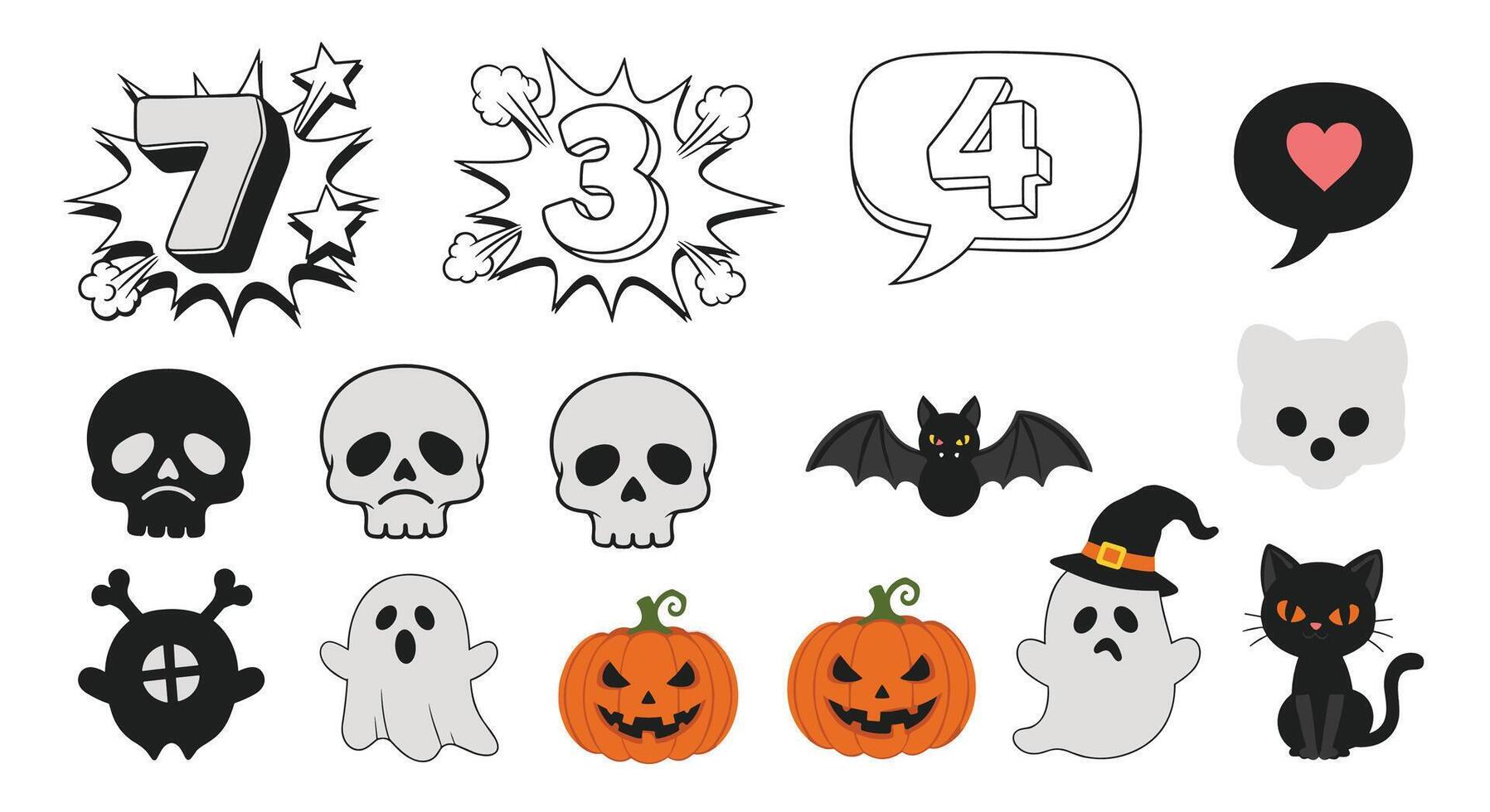 Cartoon Halloween Collection of Characters Like Skulls Bats Pumpkins Ghosts And Black Cat vector