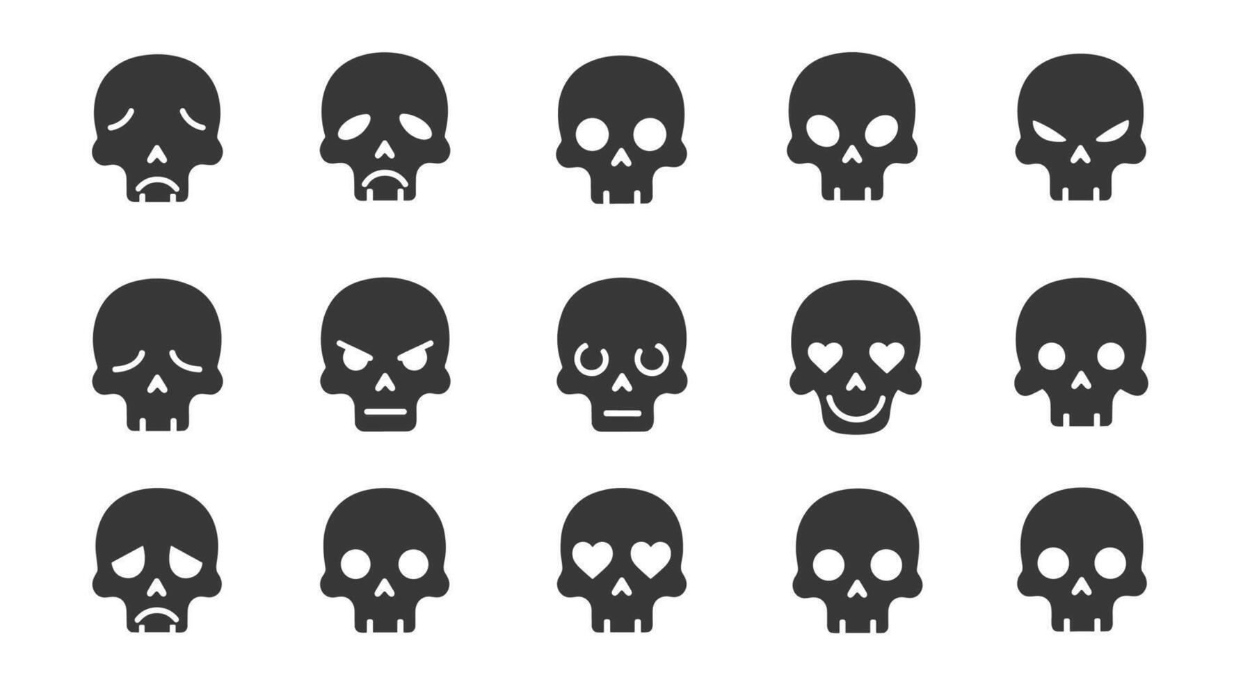 Assorted Skull Emoticons Depicting Various Expressions Death Macabre Horror Gothic Spooky Illustrations vector