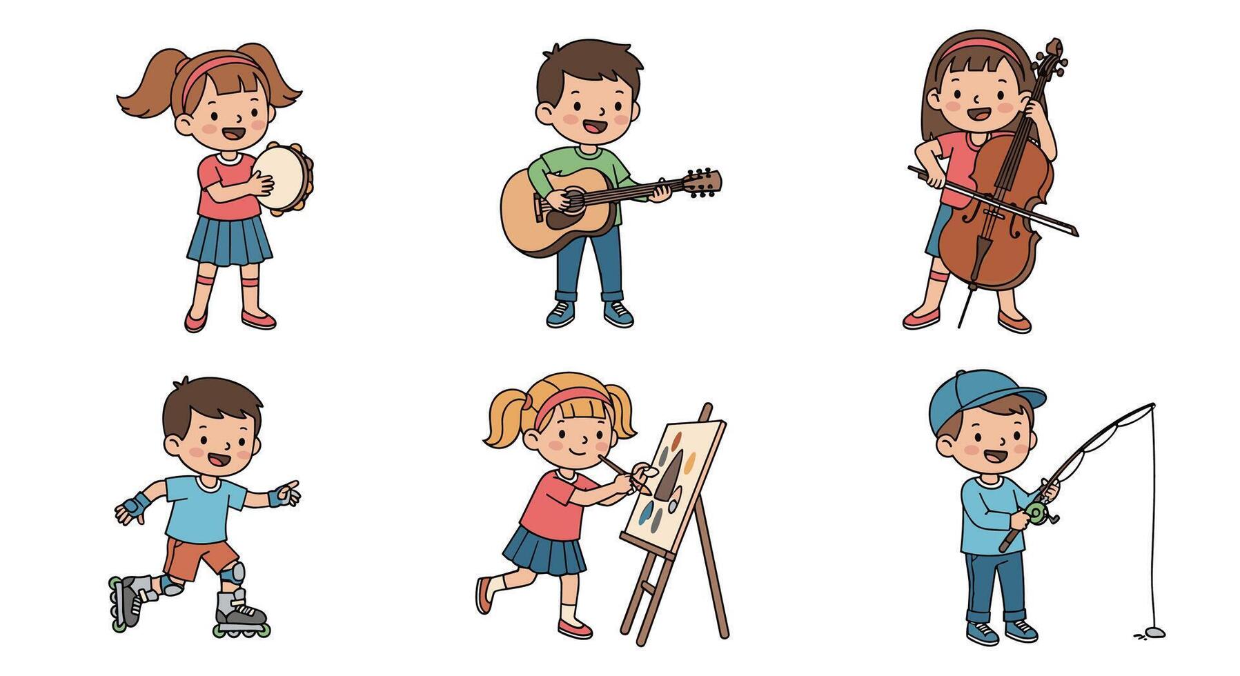 Illustrations of Kids Playing Music Painting Rollerblading and Fishing for Educational Purposes vector