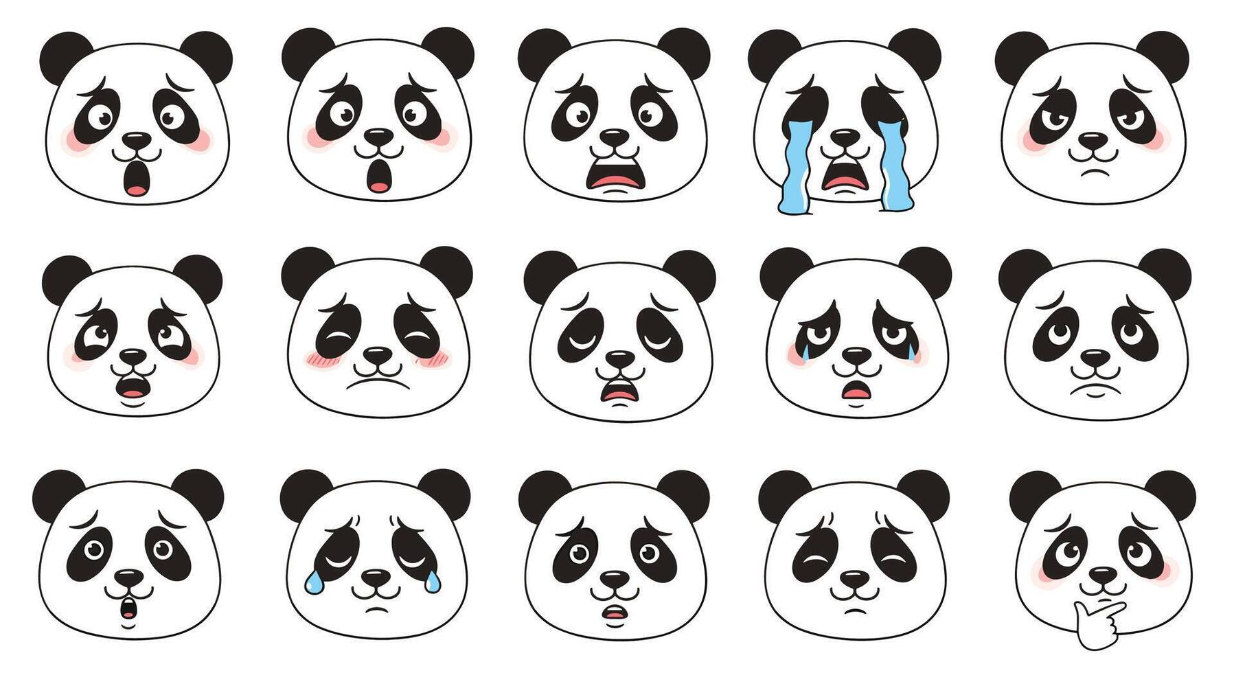 Expressive Panda Faces Showing Variety of Emotions Feelings and Moods in Cartoon Style vector