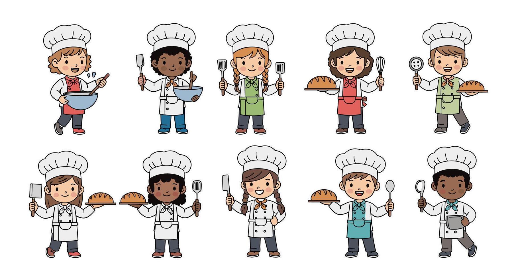 Collection of Diverse Children Dressed in Chef Uniforms Cooking and Baking with Utensils vector