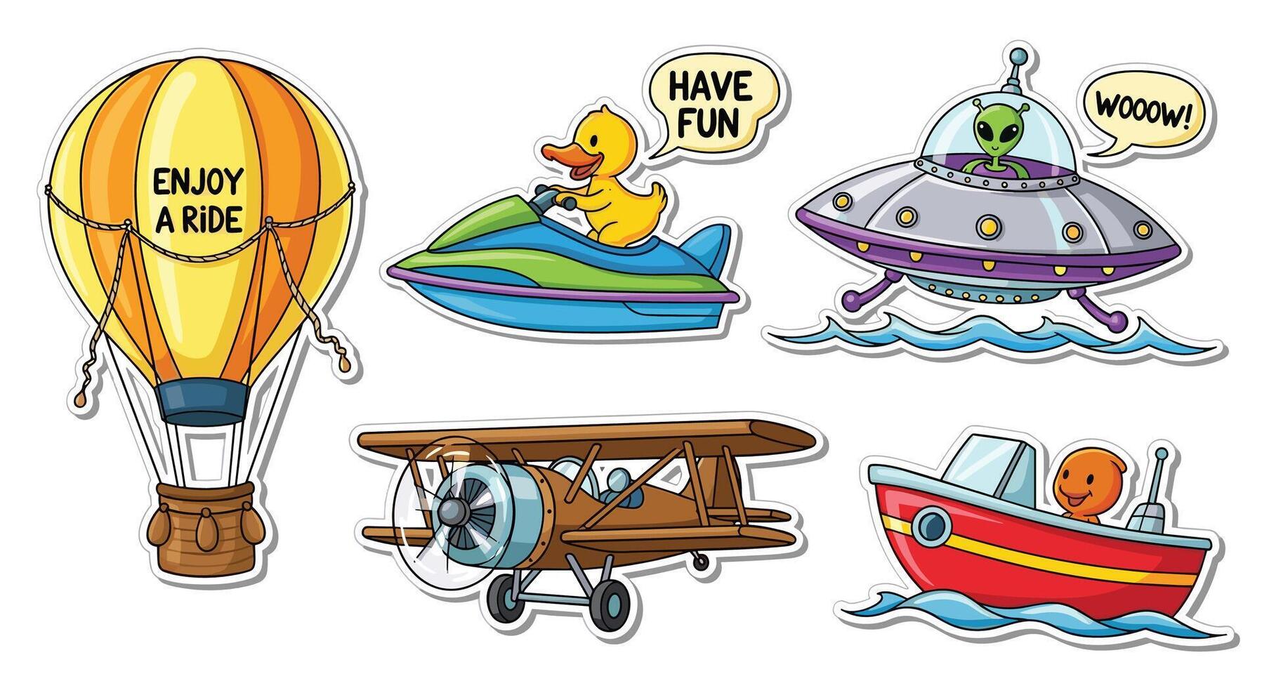 Adventures in the Skies and Seas A Collection of Whimsical Transport Stickers vector