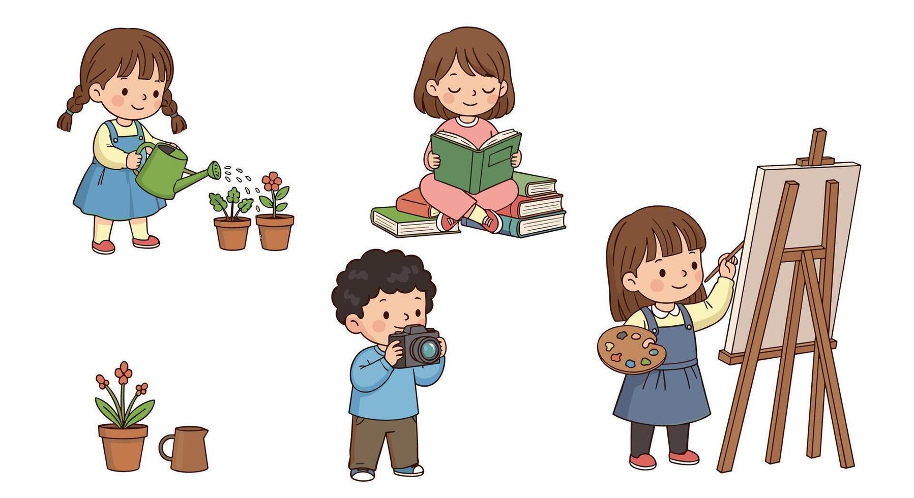 Different kids doing different things as hobbies and having fun learning art vector