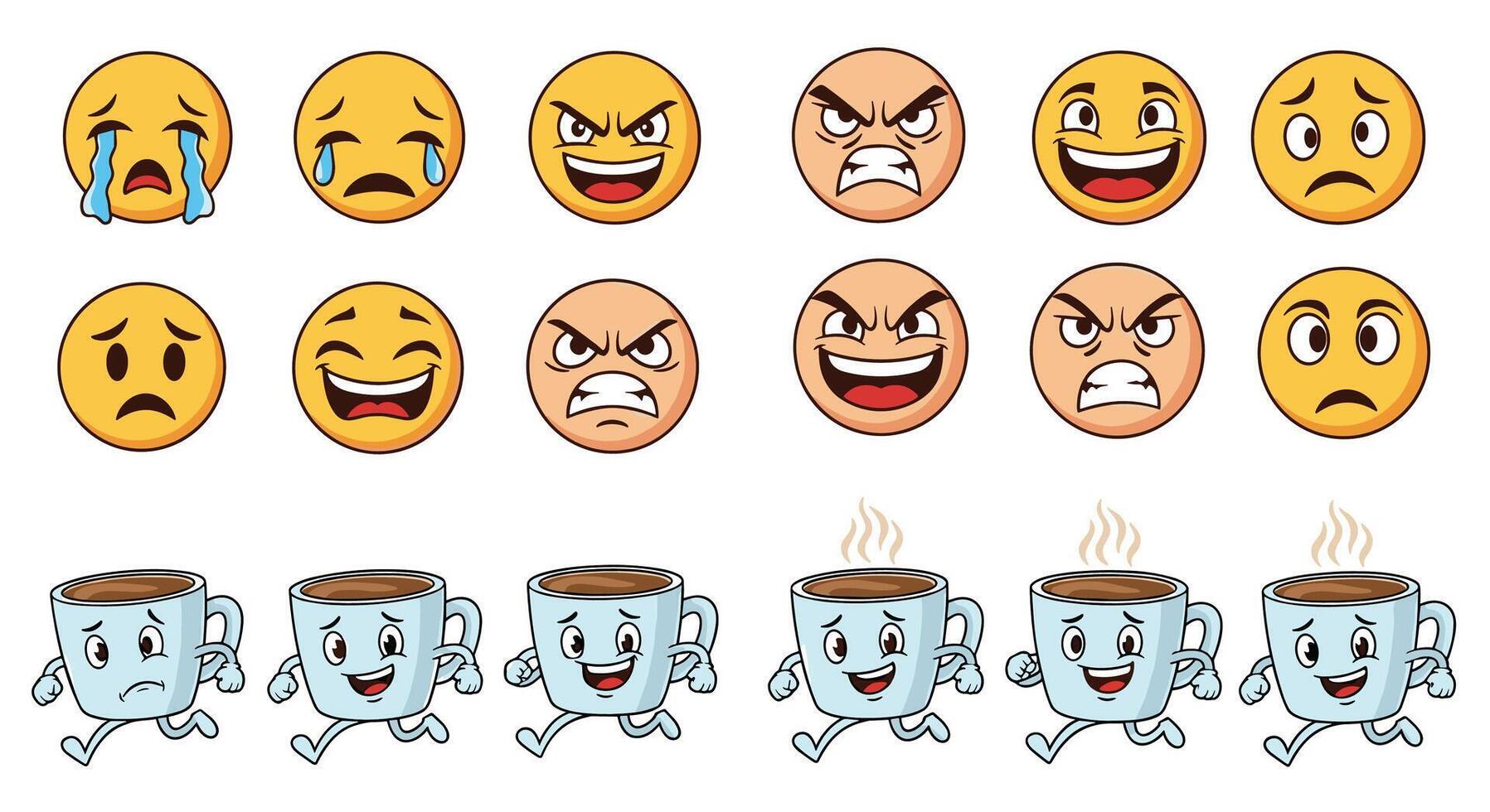 Different Emotions Expressed By Emoticons and Coffee Mugs on a White Background vector
