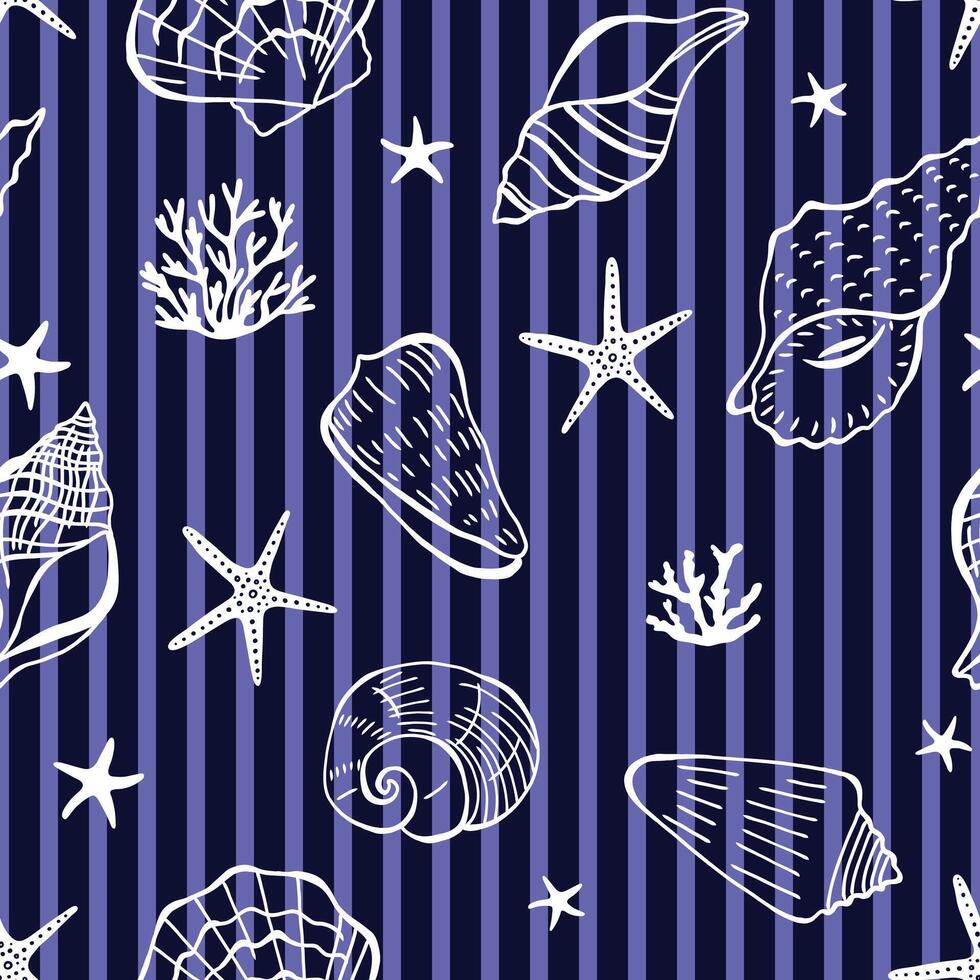 Different linear mollusk, shell, seashell illustrations. Seamless seashell pattern on stripped vector