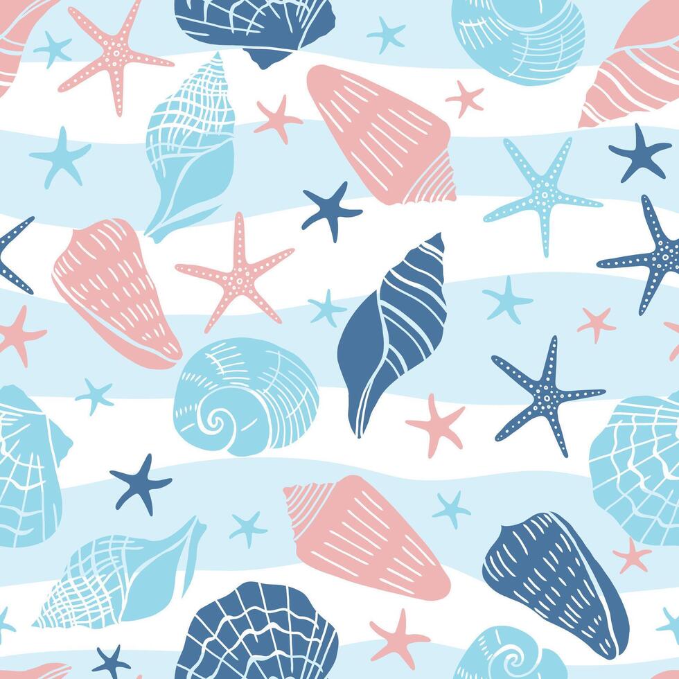 Seashells and starfish seamless pattern. vector