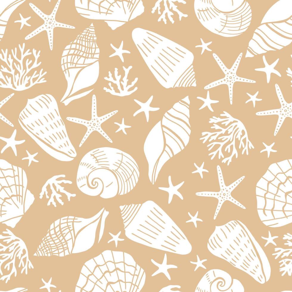 Seashells and starfish seamless pattern. Marine life creatures colorful drawings. vector