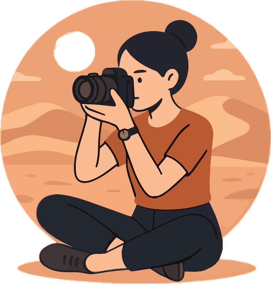 a woman holding a camera in the desert vector
