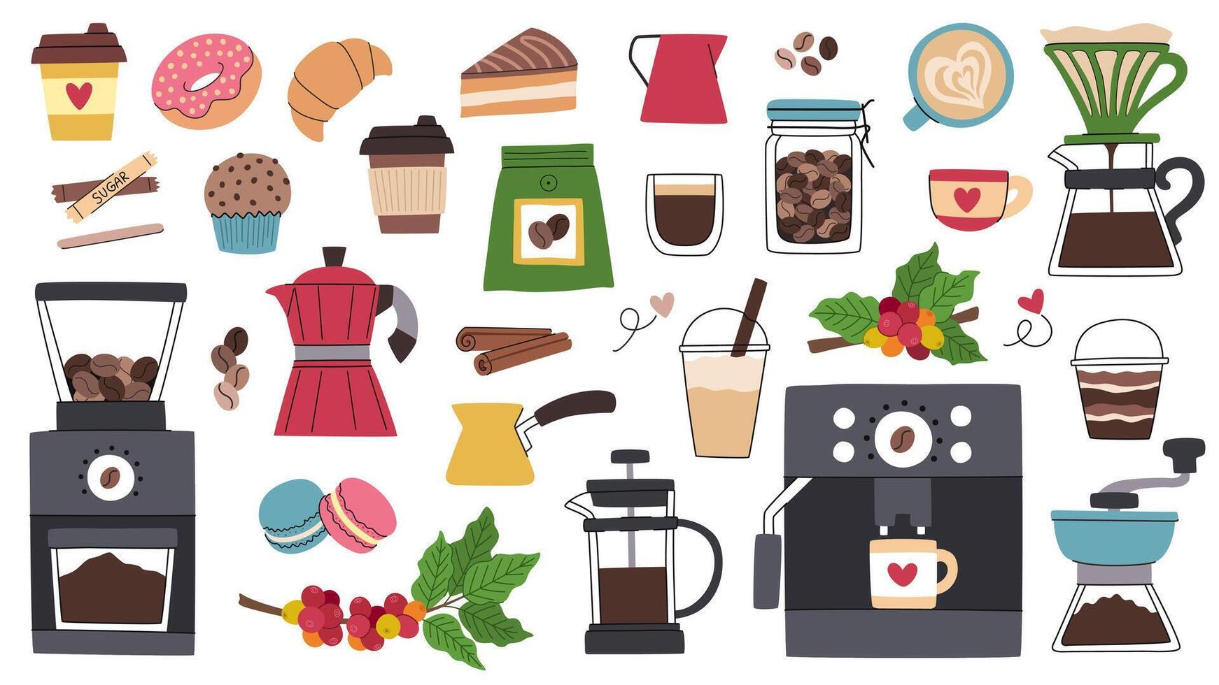 Cartoon coffee set. Coffee making devices, coffee grinder, machine and others. Sweets, cups, berries with leaves, coffee accessories. vector