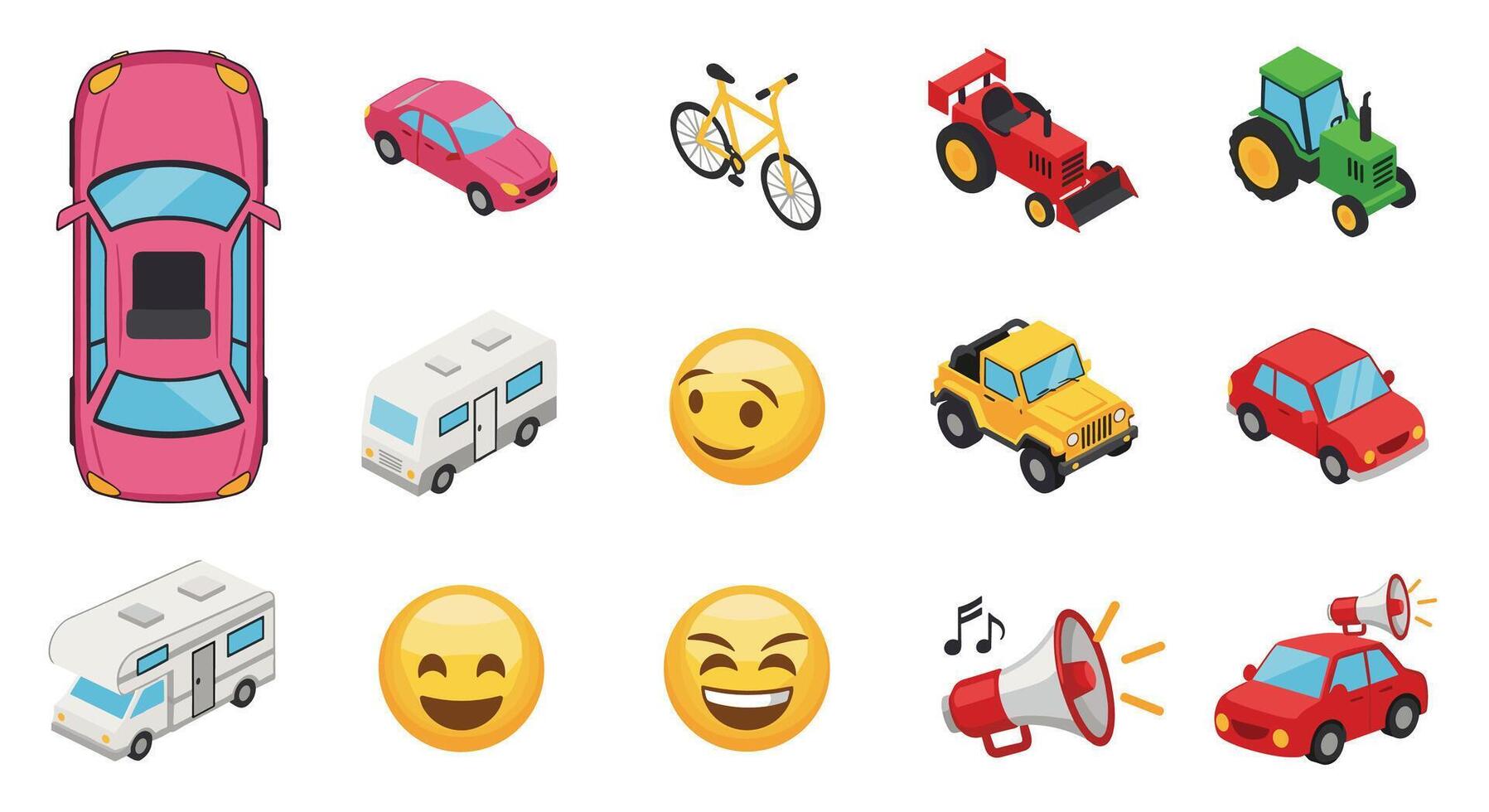 Various Modes of Transportation Icons with Smiling Emoji and Bullhorn No Brand vector