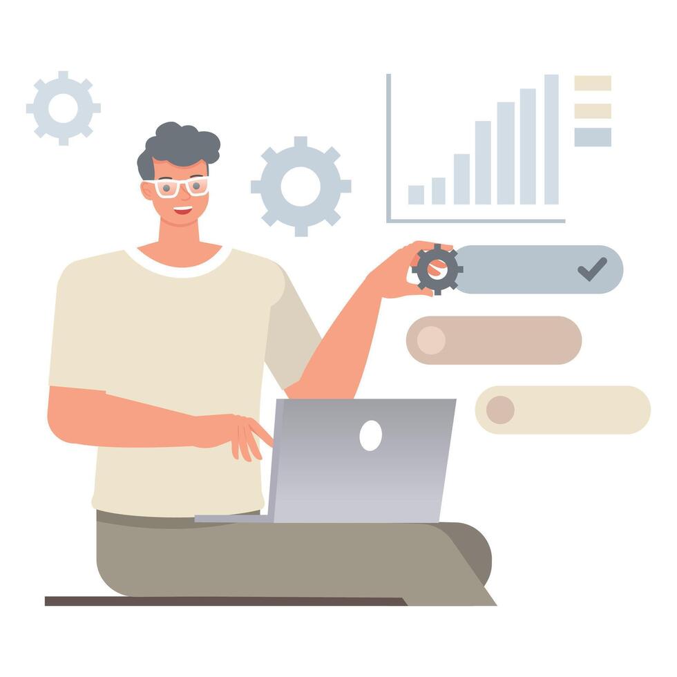 Business development illustration concept. Business people working in office. Office man character design. vector