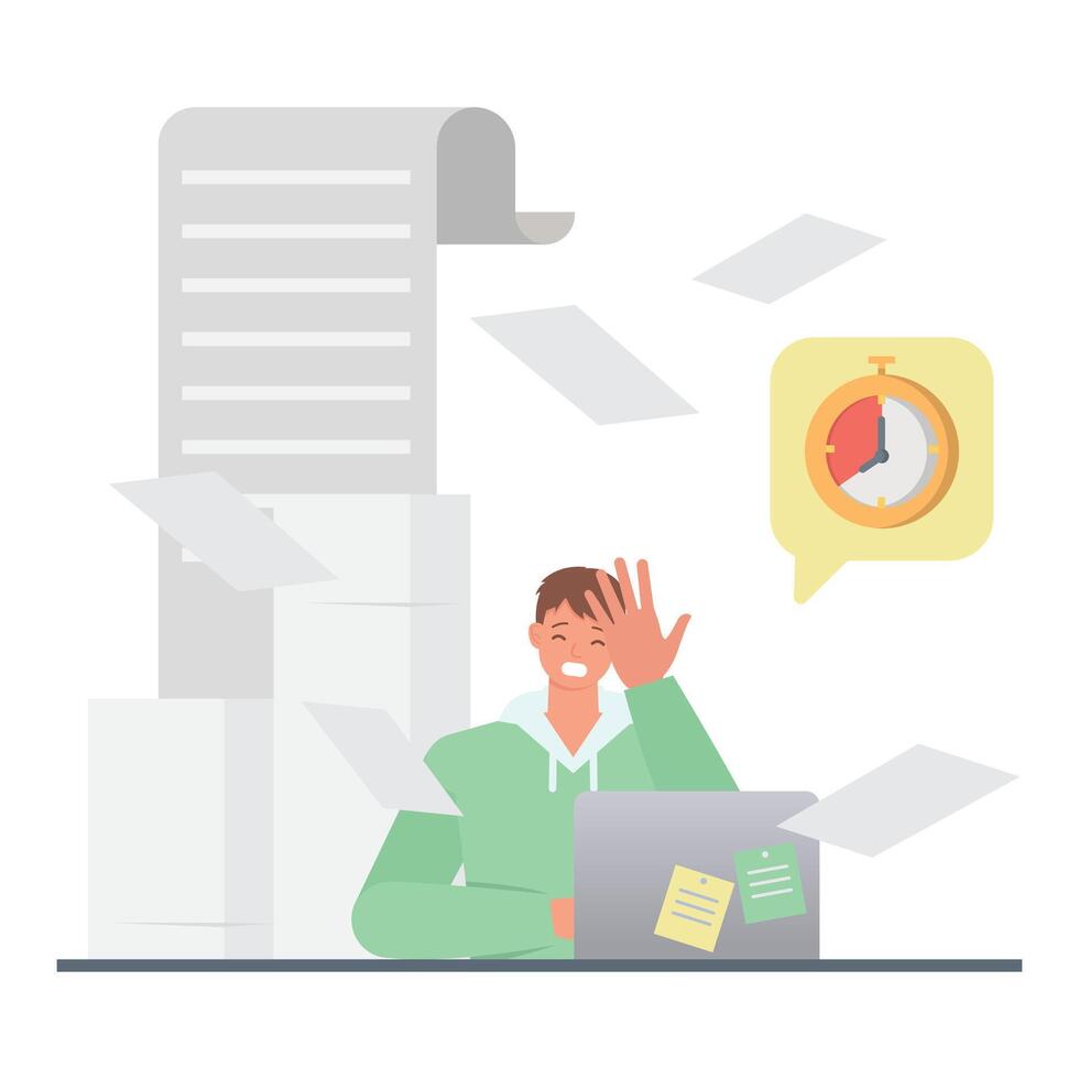 Business deadline illustration concept. Office man character design. Business people working in office planning, thinking and economic analysis on isolated white background. vector