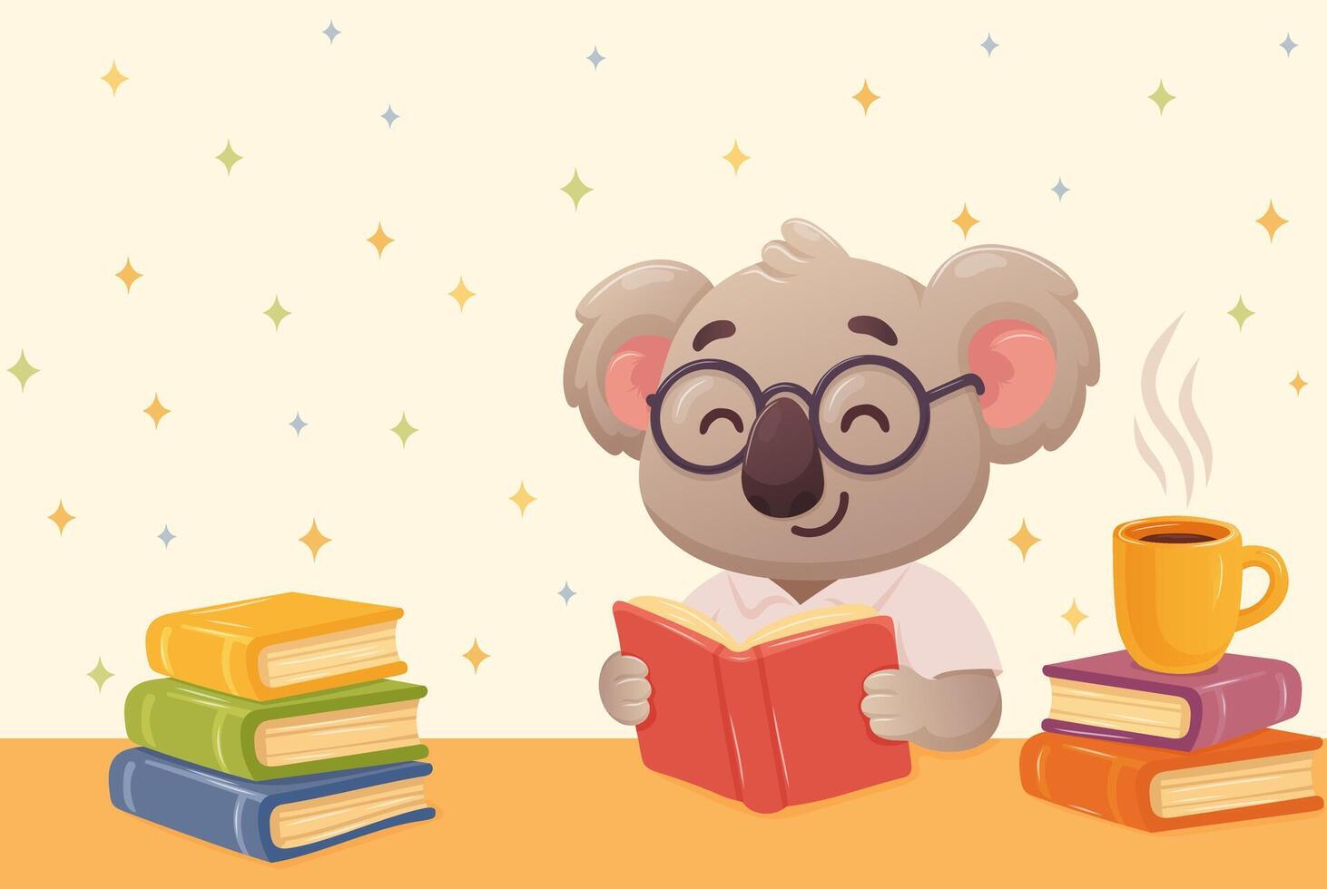 koala character in glasses and shirt reading book in library with cup of coffee or tea vector