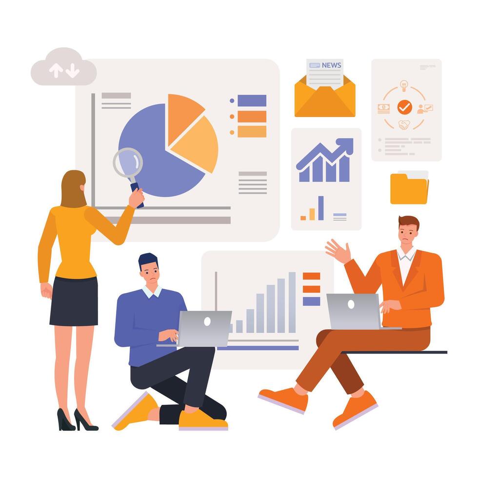 Analysis illustration concept. Office man and woman character design. vector