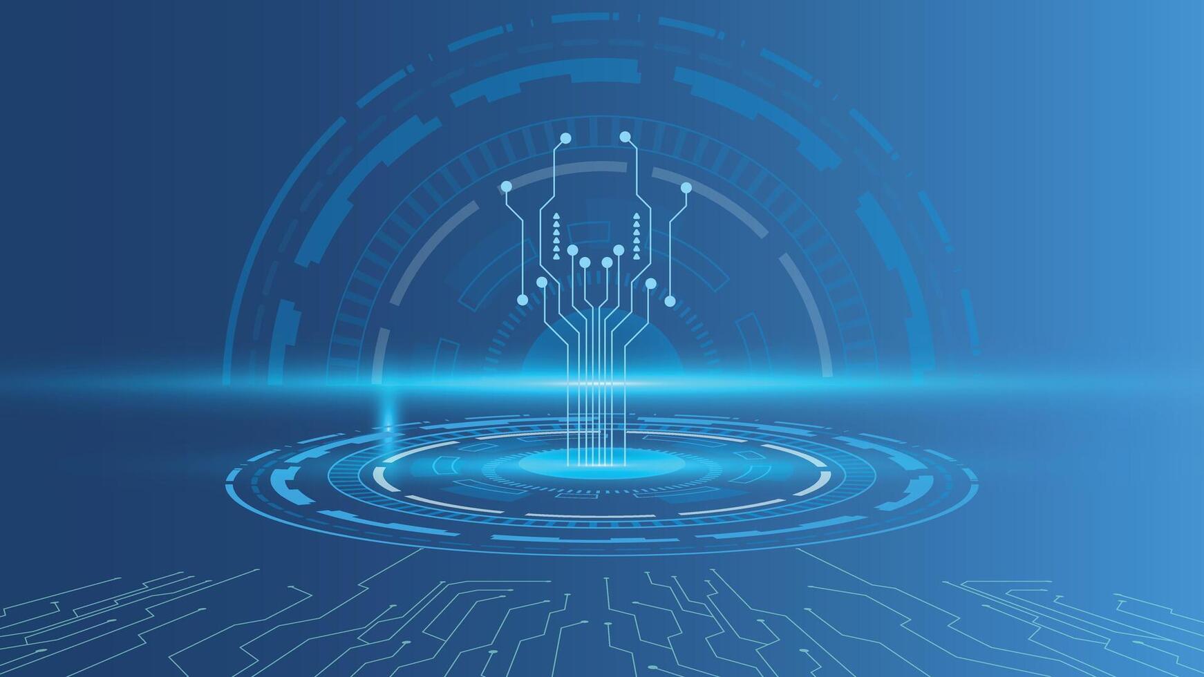 Futuristic tech background featuring glowing circuit lines, circular digital interface, and blue gradient, ideal for innovation, computing, and AI-related digital projects vector