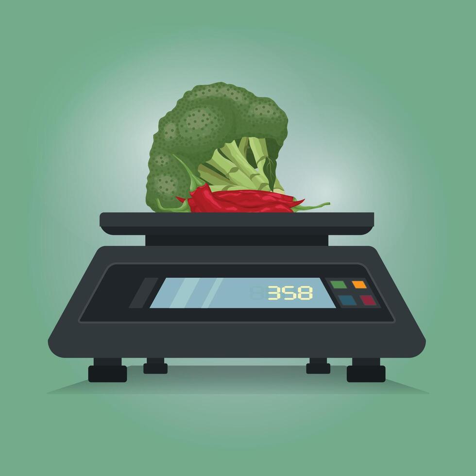 Electric scales with the broccoli and red chilies stock design illustration vector