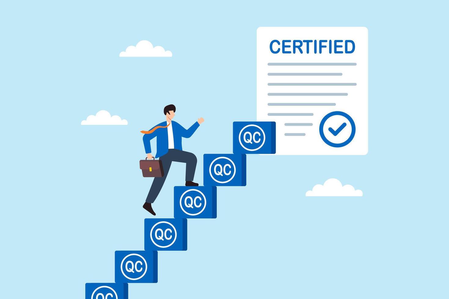 Flat illustration of businessman climbing staircase of QC stamps toward certified document to represent quality control and approval success vector